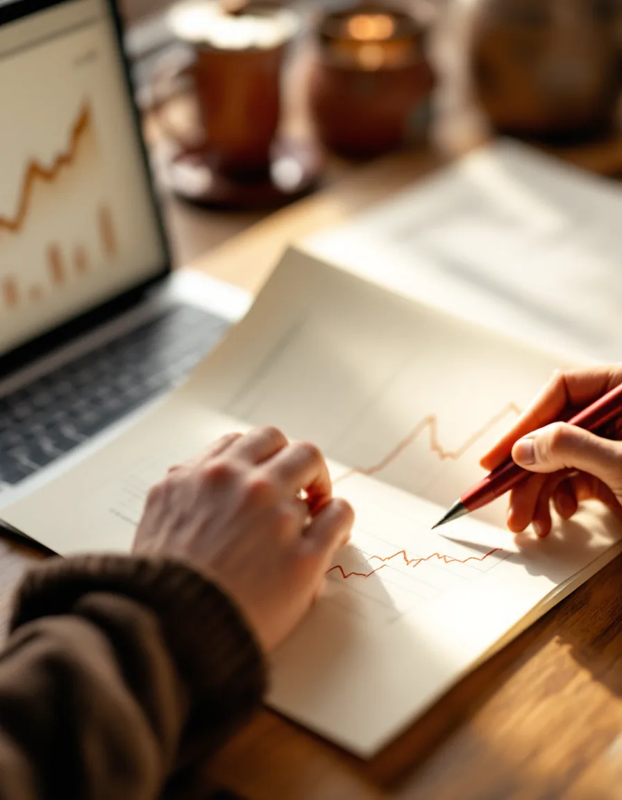 Hands marking up a printed site audit beside a rising traffic chart